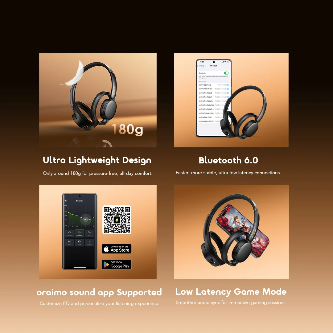 oraimo Open-Ear Wireless Headphones OpenLoop OPN-670N 11 Ultra Lightweight Bluetooth 6.0 oraimo sound app Low Latency Game Mode