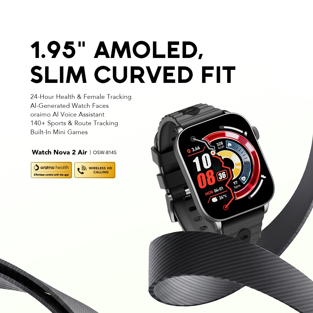 oraimo Smart Watch Watch Nova 2 Air OSW-814S 01 1.95" AMOLED, Slim Curved Fit oraimo Smart Watch Watch Nova 2 Air OSW-814S 01 1.95" AMOLED, Slim Curved Fit