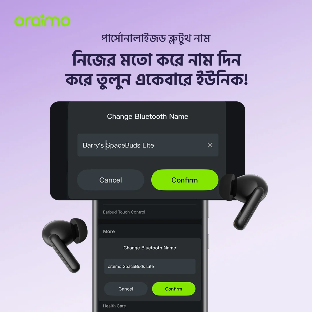 oraimo wireless earbuds SpaceBuds Lite OTW-324 bd personalized bluetooth name