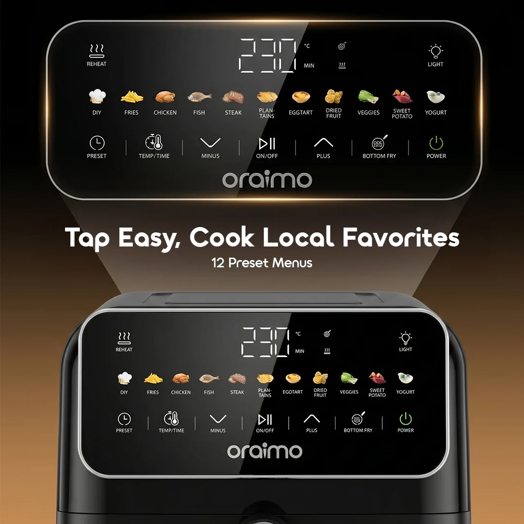 oraimo Air Fryer Intellifry OAF-502A-08 Tap Easy, Cook Local Favorites 12 Preset Menus oraimo Air Fryer Intellifry OAF-502A-08 Tap Easy, Cook Local Favorites 12 Preset Menus