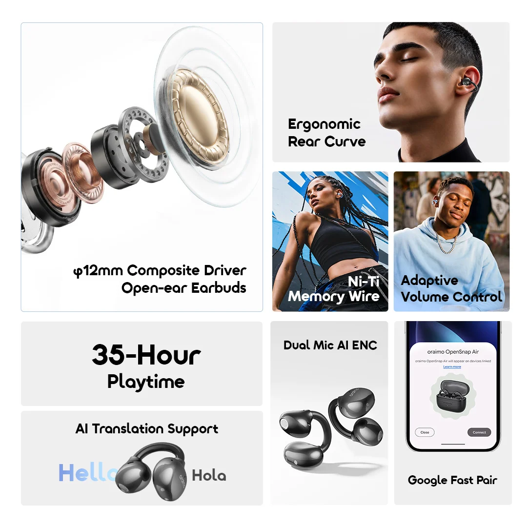 oraimo opensnap air open-ear true wireless earbuds africa OPN-371 02 all features at a glance oraimo opensnap air open-ear true wireless earbuds africa OPN-371 02 all features at a glance