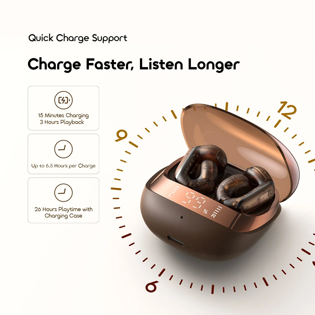 oraimo Open-Ear True Wireless Earbuds OpenSnap N2 OPN-374N 06 Quick Charge Support Charge Faster Listen Longer oraimo Open-Ear True Wireless Earbuds OpenSnap N2 OPN-374N 06 Quick Charge Support Charge Faster Listen Longer