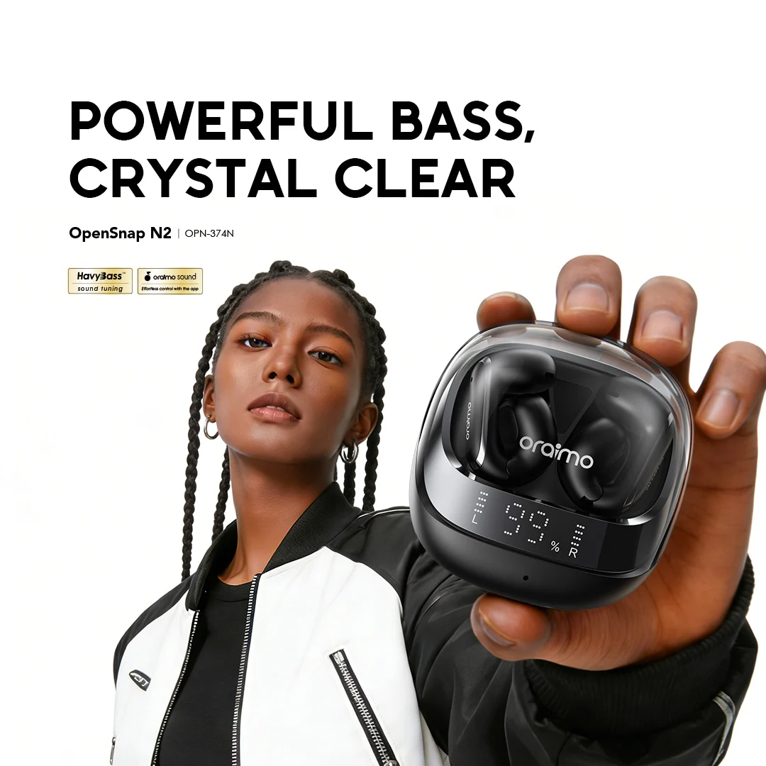 oraimo Open-Ear True Wireless Earbuds OpenSnap N2 OPN-374N 01 Main Visual Powerful Bass Crystal Clear oraimo Open-Ear True Wireless Earbuds OpenSnap N2 OPN-374N 01 Main Visual Powerful Bass Crystal Clear